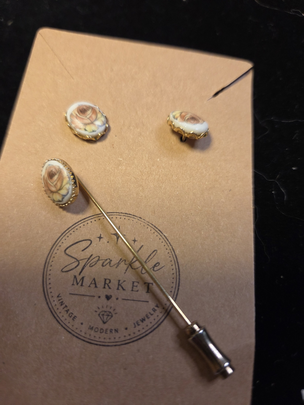 Delicate Pink Rose Porcelain Lapel Pin and Stud Earrings Set